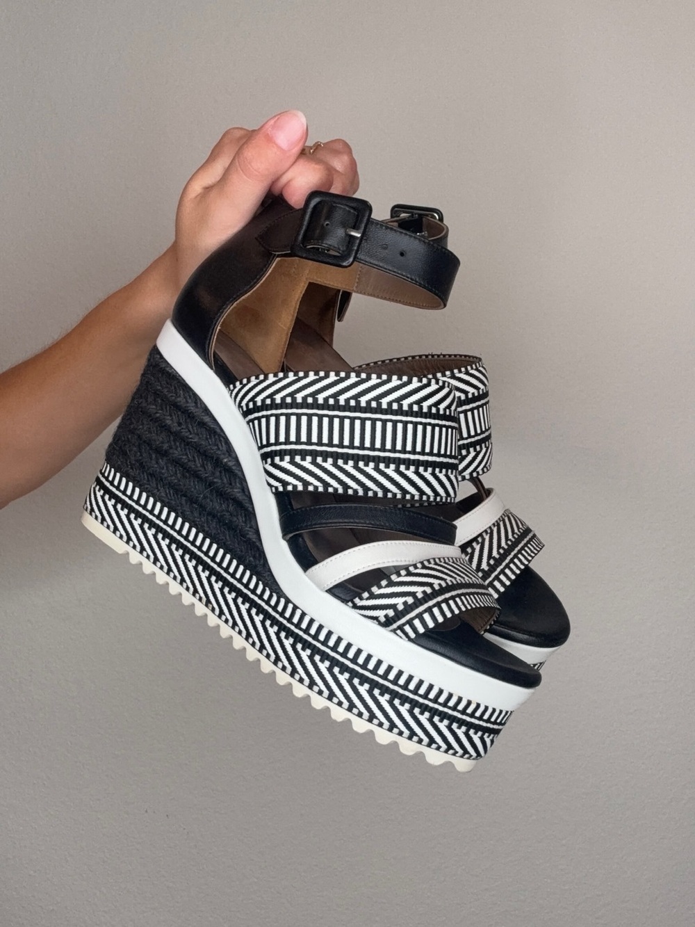 Hermes Black and White Striped Platform Wedge Sandals